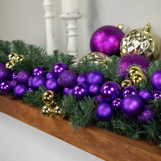 Northlight 3-Finish Shatterproof Ball Christmas Garland - 6' x 3.5" - Purple - Unlit {4}