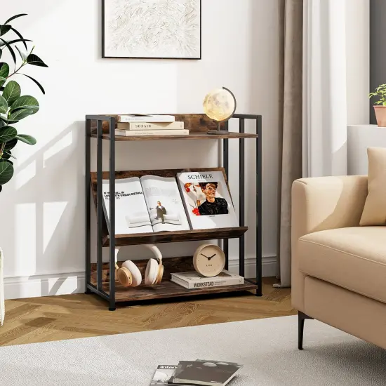 Costway 3-Tier Industrial Metal Frame Corner Bookcase with Adjustable Shelves Rustic Brown {2}