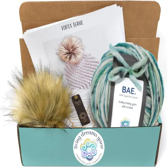 DIY Winter Hat Crochet Kit. Includes Bulky Superfine Merino Wool Yarn, Printed Pattern, Pom-Pom, Rim Tag. Soft, Cozy, Great for Gifts Spring Fling {1}