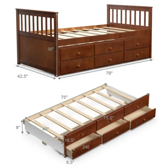 Pine Wood Twin Captain&rsquo;s Bed with Trundle and 3 Storage Drawers Walnut {5}