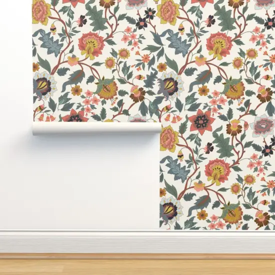 Pre-Pasted Wallpaper 2FT Wide Multicolor Flowers Folk Garden Bedroom Italian Botanical Florals Villa Sage Mustard Coral Wildflower Meadow Large Scale Custom Pre-pasted Wallpaper by Spoonflower {2}