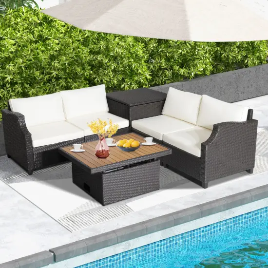 7 Pieces Hand-Woven Wicker Outdoor Furniture Set with Acacia Wood Coffee Table-White {2}