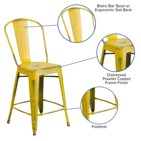 Emma and Oliver Commercial Grade 4 Pack 24" High Distressed Metal Indoor-Outdoor Counter Height Stool with Back Yellow {2}