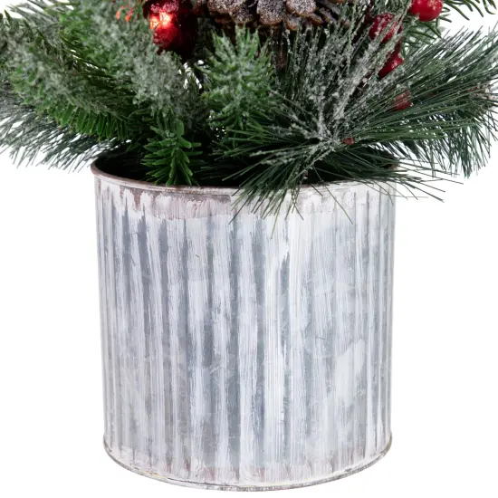 Northlight 12" Frosted Pine, Berries and Pine Cones Floral Arrangement in Tin Pot Green {6}