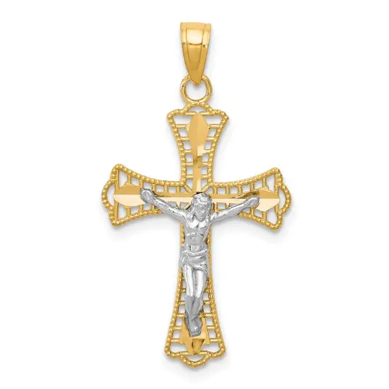 10K Yellow Gold & Rhodium Plated Diamond Cut Crucifix Charm Pendant 30mm x 16mm {1}