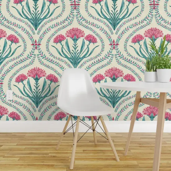 Peel & Stick Wallpaper 2FT Wide Floral Ogee Indian Chintz Green Pink Xl Large Scale Damask Vibrant Classic Custom Removable Wallpaper by Spoonflower {1}