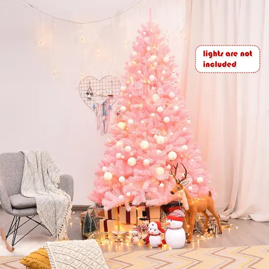 Costway 7.5Ft Hinged Artificial Christmas Tree Full Fir Tree New PVC w/ Metal Stand Pink {4}