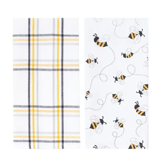 Honey Bee Yellow & Black Plaid Pattern Spring Summer Cotton Kitchen Dishtowels Set of 2 {1}