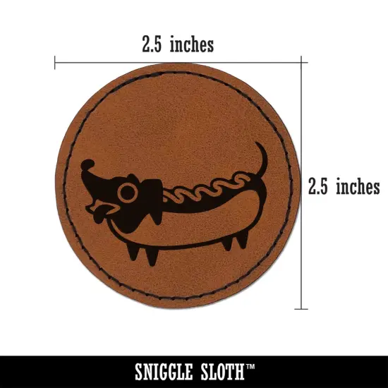 Dachshund Wiener Dog Hotdog Round Iron-On Engraved Faux Leather Patch Applique - 2.5" Brown {3}
