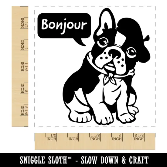 Bonjour French Bulldog with Beret and Bandana Square Rubber Stamp for Stamping Crafting {1}