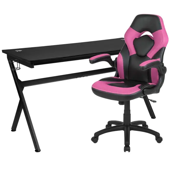 Emma and Oliver Gaming Desk Bundle - Cup & Headphone Holders/Mouse Pad Top Pink {1}