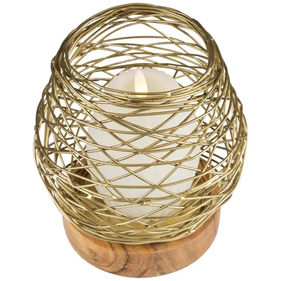 Northlight Small Woven Iron Votive Candle Holder with Wooden Base - 6.25" - Brass Finish Gold {5}