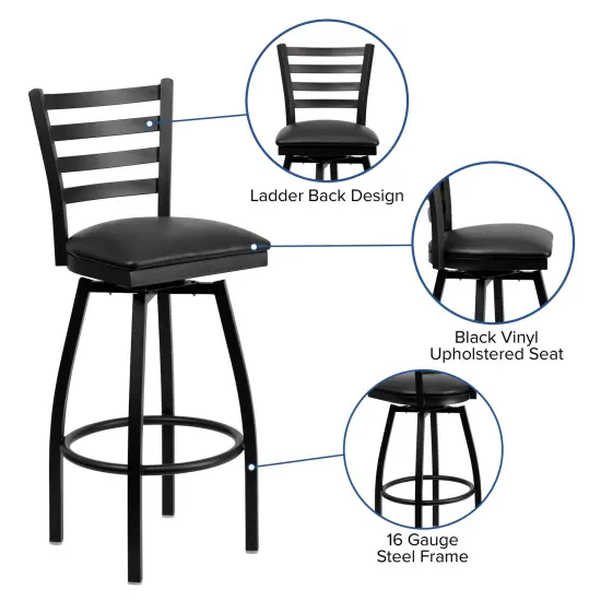 Emma and Oliver 2 Pack Ladder Back Swivel Metal Barstool BlackVYL/BlackMetal {2}