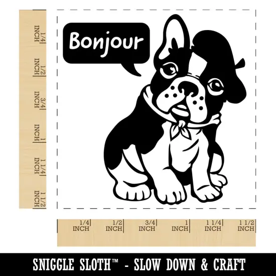 Bonjour French Bulldog with Beret and Bandana Self-Inking Rubber Stamp Ink Stamper Blue {1}