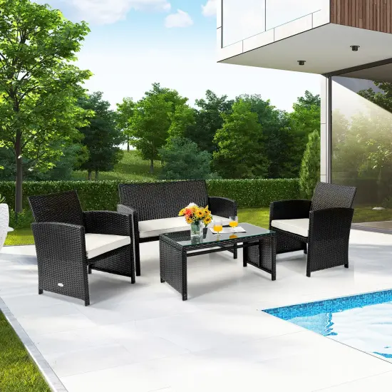 4 Pcs Patio Rattan Cushioned Furniture Set White {6}