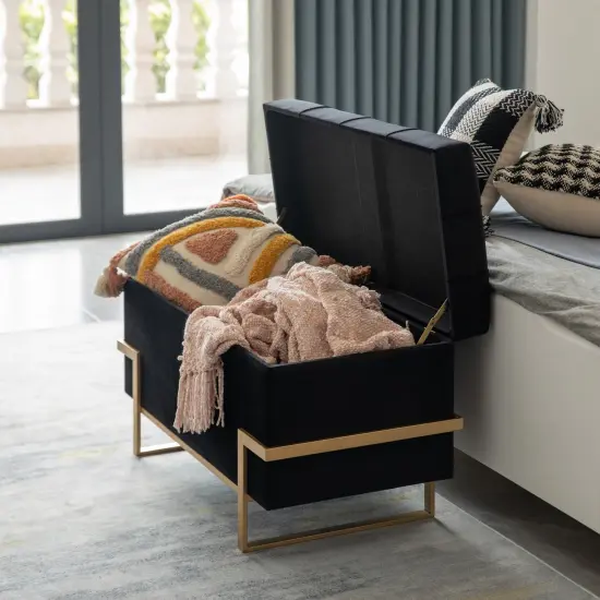 Rectangle Velvet Storage Ottoman Stool Box with Abstract Golden Legs | Decorative Sitting Bench for Living Room Home Decor with Unique Base Support Black Large {2}