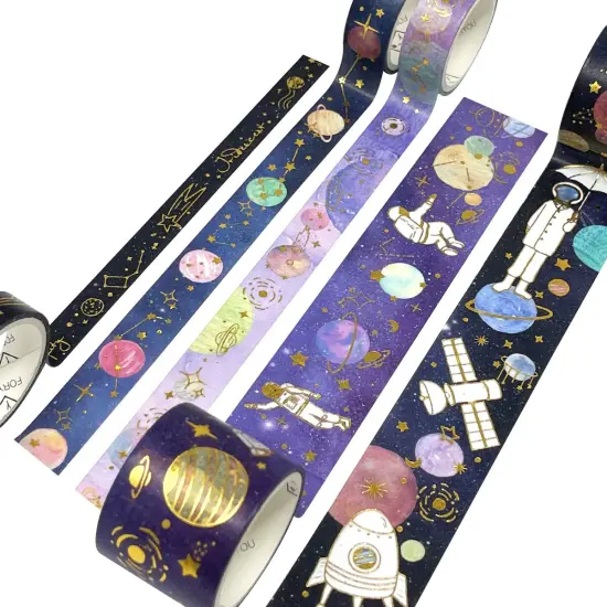 Wrapables Decorative Gold Foil Washi Tape and Sticker Set for Stationery, Diary, Card Making (10 Rolls & 10 Sheets) Space {3}