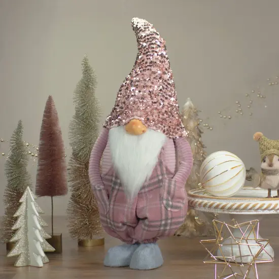 Northlight Plaid Christmas Gnome with Sequin Hat - 24" - Pink and Gray {3}