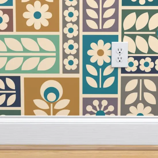 Pre-Pasted Wallpaper 2FT Wide Folk Floral Scandi Botanical Geometric Multicolor Daisy Scandinavian Blue Yellow Custom Pre-pasted Wallpaper by Spoonflower {4}
