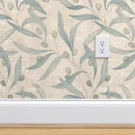 Peel & Stick Wallpaper 2FT Wide Sage Green Antique Plants Neutral Garden Italian Historical Hand Painted Olives Roman Villa Fresco Floral Botanical Large Scale Custom Removable Wallpaper by Spoonflower {4}