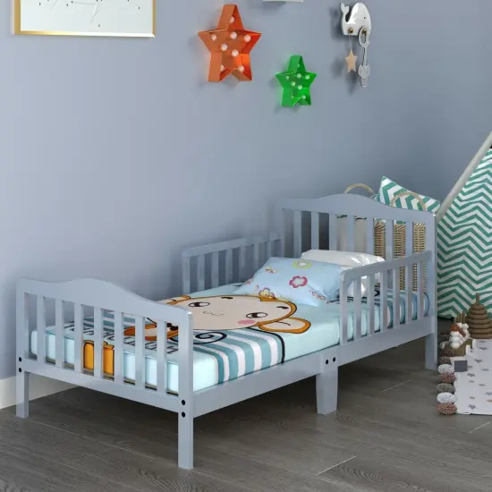 Classic Design Kids Wood Bed Frame with Two Side Safety Guardrails Grey {6}