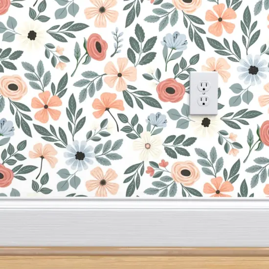 Peel & Stick Wallpaper 2FT Wide Coral Floral Sage Green Leaf Pretty Flowers Delicate Garden Custom Removable Wallpaper by Spoonflower {4}