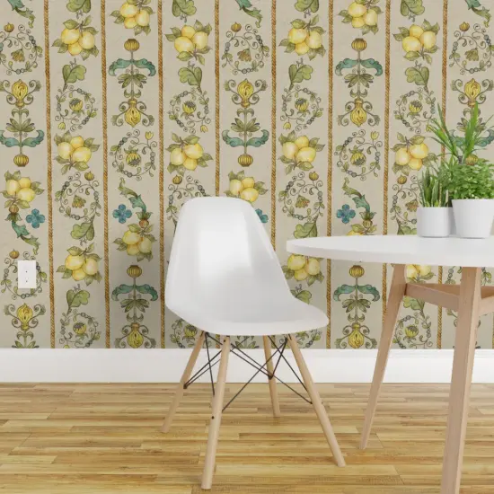 Peel & Stick Wallpaper 2FT Wide Yellow Teal Floral Gold Large Scale Hand Drawn Lemons Italian Florentine Botanical Fruit Directional Custom Removable Wallpaper by Spoonflower {1}