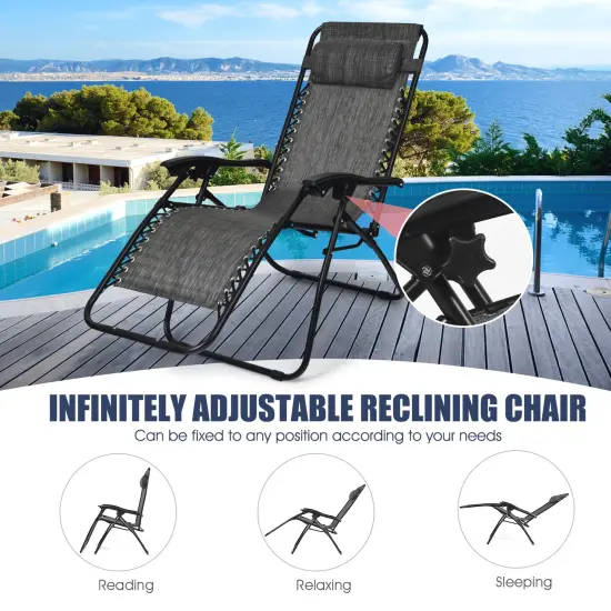 3 Pieces Folding Portable Zero Gravity Reclining Lounge Chairs Table Set Grey {2}