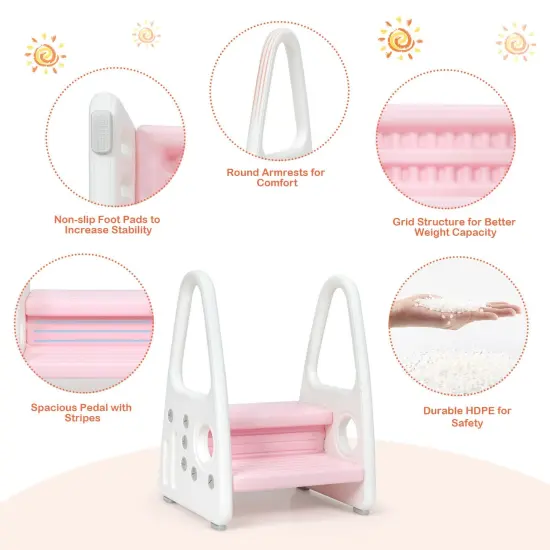 HDPE Double-Tier Kids Step Stool with Safety Armrests Pink {5}