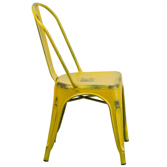 Merrick Lane Banks Indoor/Outdoor Stacking Metal Dining Chair with Single Slat Back and Distressed Powder Coated Finish Yellow {5}