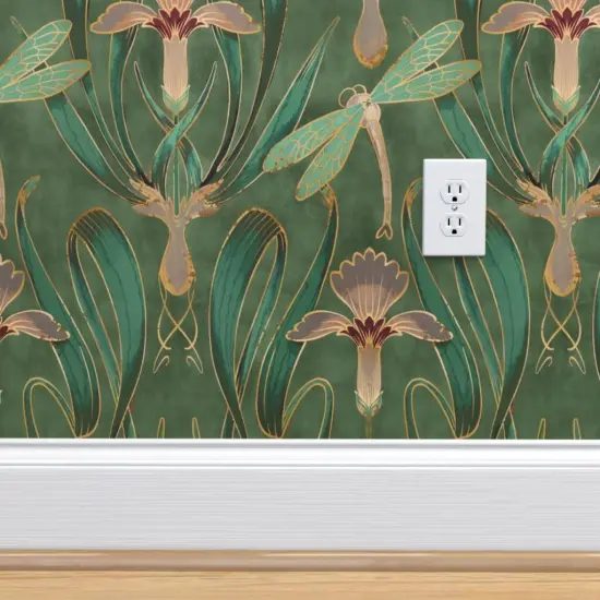 Pre-Pasted Wallpaper 2FT Wide Art Nouveau Deco Emerald Green Nature Floral Lillies 1920S Custom Pre-pasted Wallpaper by Spoonflower {4}