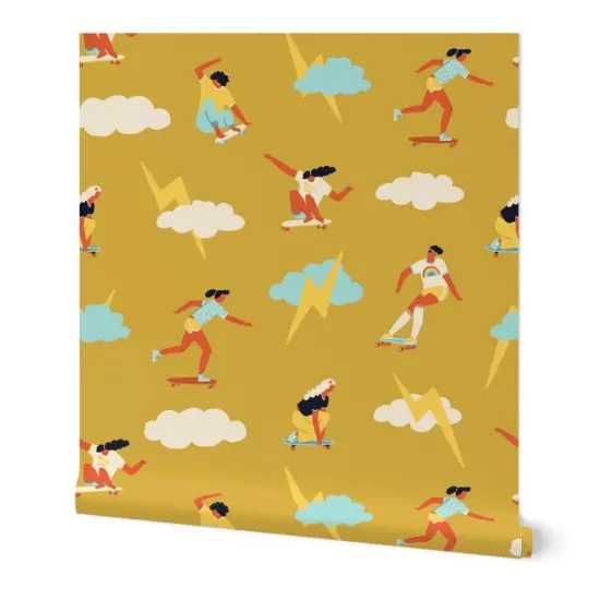 Peel & Stick Wallpaper 2FT Wide Skater Girls Retro 1970S Skateboard Feminism Women Skateboarding Custom Removable Wallpaper by Spoonflower {7}