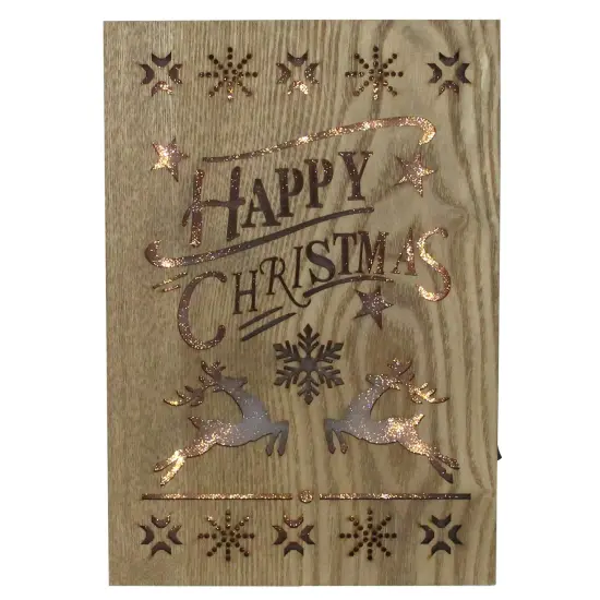 Gerson 10" Lighted Wooden "Happy Christmas" Christmas Wall Decoration Brown {1}