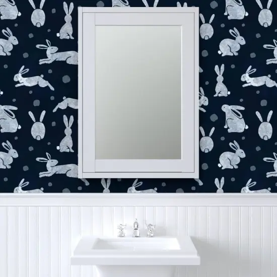 Pre-Pasted Wallpaper 2FT Wide Indigo Rabbits Dark Blue Bunny Snow Hare Winter Animals Custom Pre-pasted Wallpaper by Spoonflower {6}