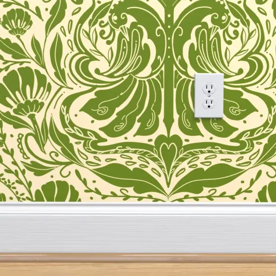 Peel & Stick Wallpaper 2FT Wide Green Yellow Nature Birds Victorian Summer Damask Olive Baroque Chinoiserie Rococo Art Nouveau Large Scale Custom Removable Wallpaper by Spoonflower {4}