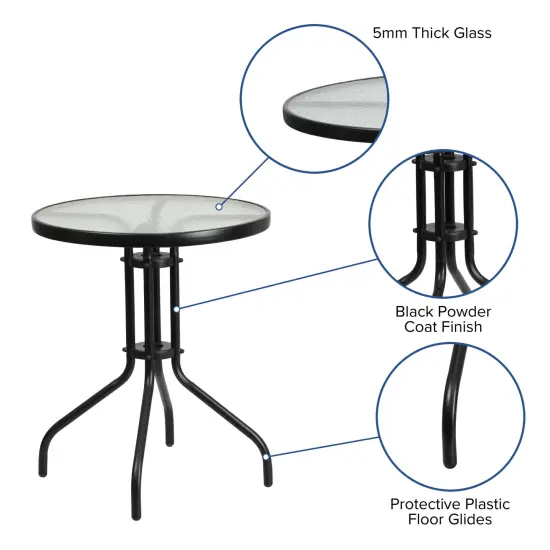 Emma and Oliver Three Piece Patio Table Set with Round Metal Frame Table with Tempered Glass Top and Two Flex Comfort Stacking Chairs Black {2}