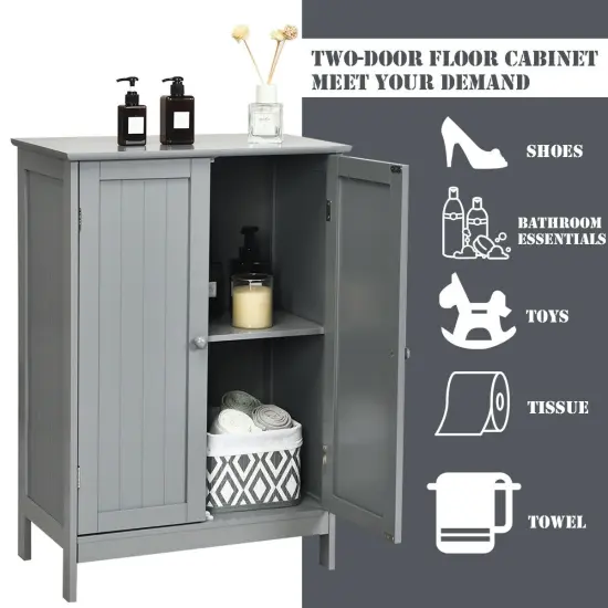 2-Door Freer-Standing Bathroom Storage Organizer Cabinet with Shelf Perfect for Living room or Bedroom Grey {6}