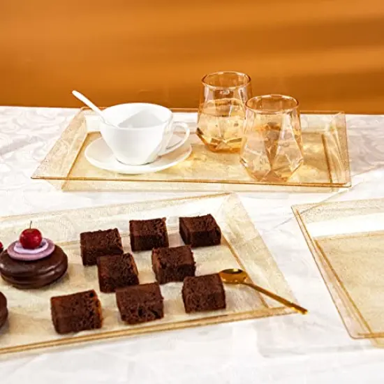 6 Pieces Gold Glitter Plastic Serving Tray, 15" x 10" Crooked Food Trays, Clear Disposable Serving Platter for Parties, Weddings {4}