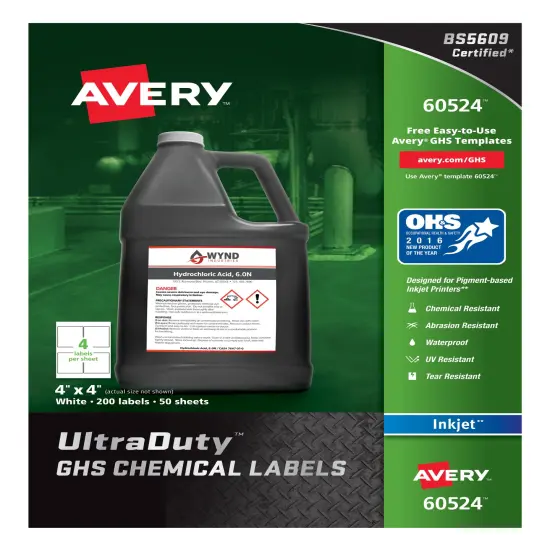 Avery UltraDuty GHS Chemical Labels for Pigment Inkjet Printers, Permanent Adhesive, Waterproof, UV Resistant, 4" x 4",200Labels (60524) {1}
