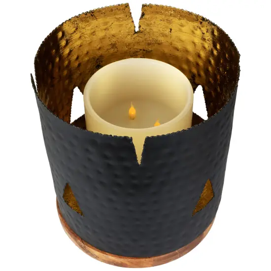 Northlight Iron and Pillar Candle Holder with Wood Base - 11.75" - Antique Black and Copper Foil {4}
