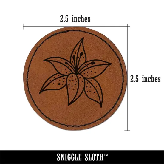 Pretty Tiger Lily Flower Round Iron-On Engraved Faux Leather Patch Applique - 2.5" Brown {3}
