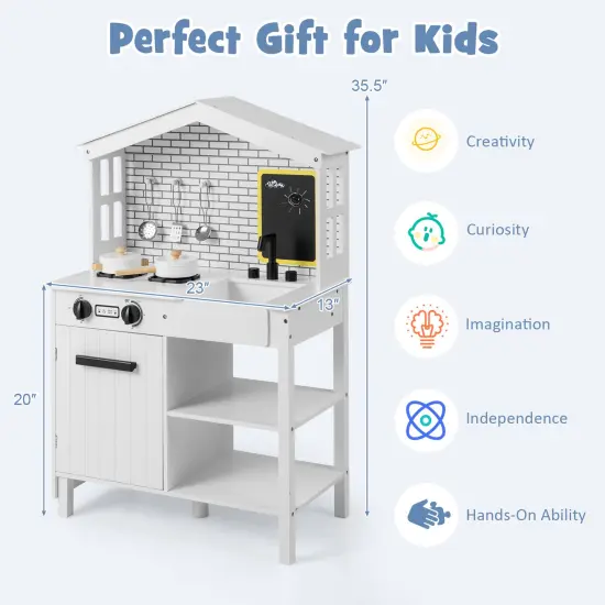 Kids Wooden Kitchen Play Set With Storage Shelves And Accessories-white {5}