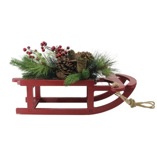 Allstate 15" Red Berry and Pine Cones Wooden Sleigh Christmas Table Top Decoration {3}