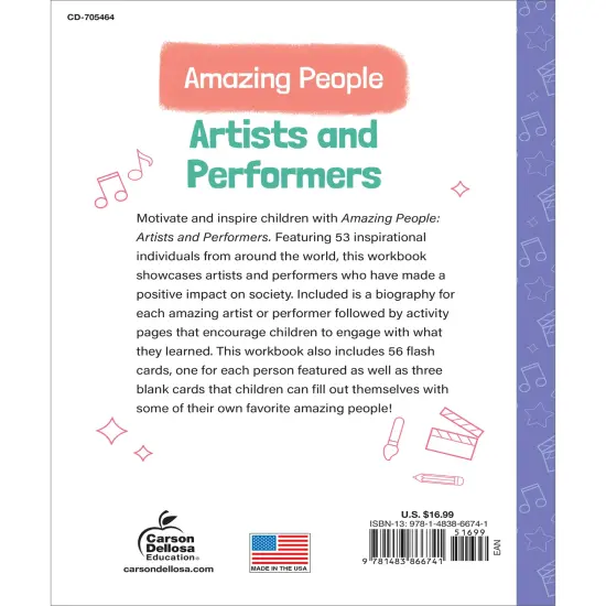 Amazing People: Artists and Performers Activity Book, 2nd Grade Workbook With Biographies, Learning Activities, Stickers, Flash Cards, Poster, and More for Kids Ages 7 and Up {2}