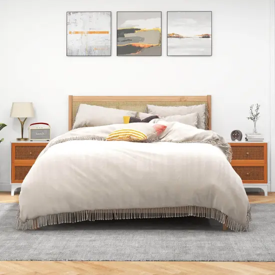 Costway 1/2 PCS Rattan Nightstand with Storage Wood End Sofa Side Table with 2 drawers Wood Legs {2}