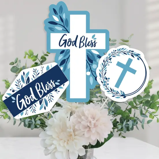 Big Dot of Happiness Baptism Blue Elegant Cross - Boy Religious Party Centerpiece Sticks - Table Toppers - Set of 15 {1}