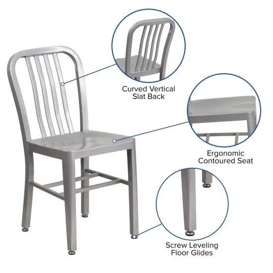 Merrick Lane Santorini 18 Inch Galvanized Steel Indoor/Outdoor Dining Chair with Slatted Back And Powder Coated Finish Silver {2}