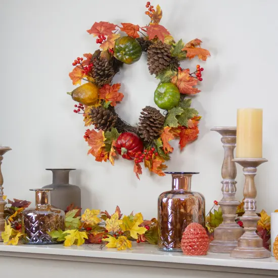 Northlight Leaves, Pine Cones and Pumpkins Artificial Fall Harvest Wreath - 20-Inch, Unlit Orange {3}