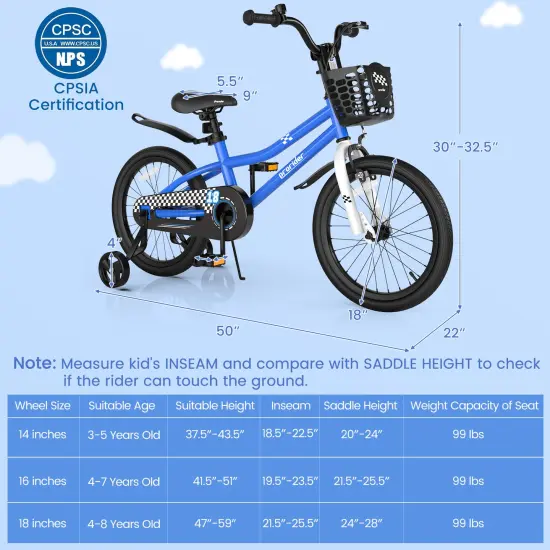 18 Feet Kid's Bike with Removable Training Wheels Navy {4}