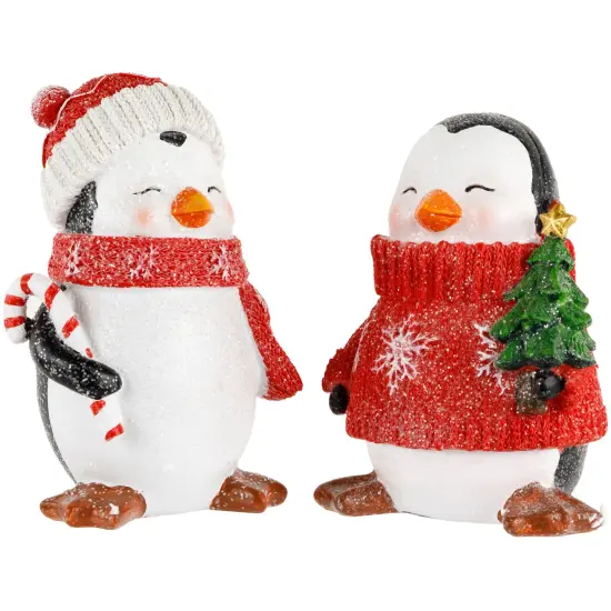Northlight Glittered Penguins with Sweater and Scarf Christmas Figurines - 6" - Set of 2 Red {5}